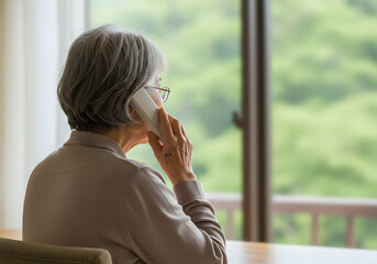 電話をする高齢者の女性｜Elderly woman on the phone.