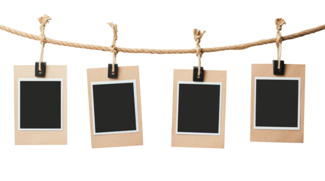 blank photo frames on rope isolated on transparent white background, clipping path