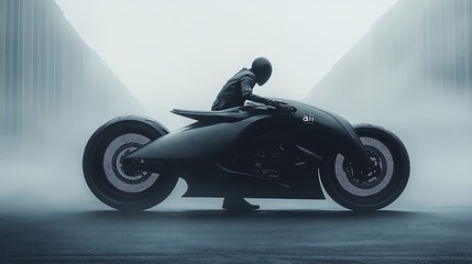 digital artwork featuring a futuristic motorcycle and a rider with a monochromatic color scheme dominated by shades of gray and black