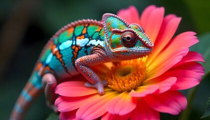 Vibrant Chameleon on Pink Flower Stunning Nature Photography
