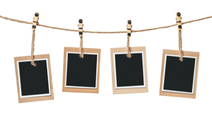 blank photo frames on rope isolated on transparent white background, clipping path