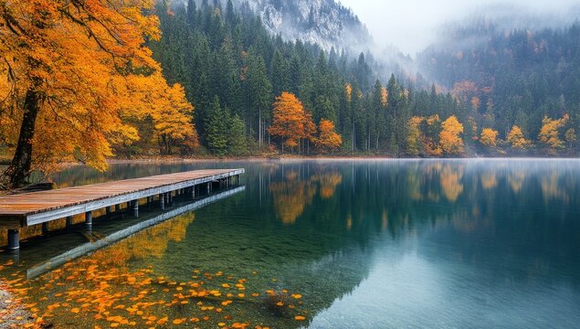 Calm autumn lake with wooden dock, reflecting colorful foliage and misty mountains. - Powered by Adobe