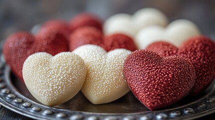Obraz premium Red, white heart chocolates on rustic tray