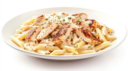 A plate of creamy garlic parmesan chicken pasta with penne, grilled chicken, and a rich parmesan sauce
