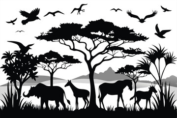 An African safari animal silhouette landscape scene