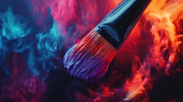 Close-Up of Paint Brush with Vibrant Colorful Swirls Background