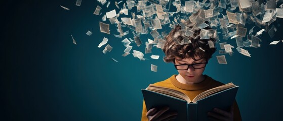 A conceptual image of a young boy reading a book, with pages flying out of it, symbolizing imagination and the expansion of knowledge through stories.

