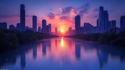 Sunset over a city skyline reflecting in a calm river, with vibrant colors and silhouettes of buildings