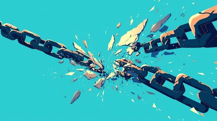  A symbolic representation of a chain breaking, symbolizing freedom from online abuse and harassment, breaking free from digital oppression, empowerment, and personal liberation