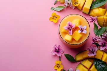 Delicious Mango Smoothie Tropical Fruits Pink Background Summer Drink Floral Garnish