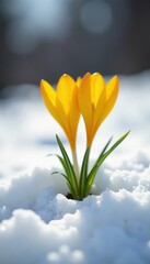 Yellow crocuses sprouting from a layer of snow, frozen ground, white, spring