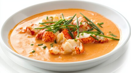 A plate of creamy lobster bisque soup garnished with lobster chunks and chives, Each spoonful filled with rich and luxurious flavors