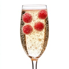 A sparkling Champagne flute with raspberries and bubbles, presented against an isolated white...