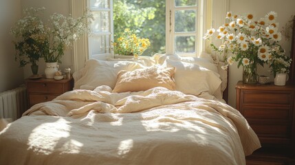 Cozy bedroom with a sunlit window, adorned with flowers, creating a serene and inviting atmosphere
