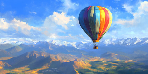 Naklejka premium Colorful Hot Air Balloon Soaring Over a Vast Landscape