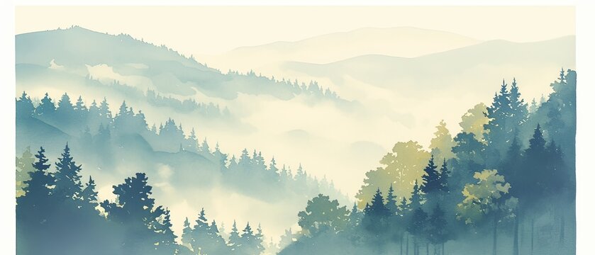 Watercolor painting of an alpine forest with mountains in the background, foggy and misty atmosphere