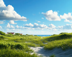 A serene coastal landscape featuring lush green grass, gentle dunes, and a bright blue sky dotted with fluffy clouds overlooking the ocean.