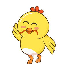 Cheerful Yellow Chick Eating Worm Illustration