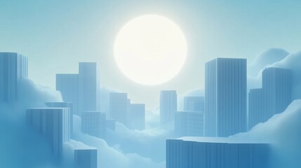 minimalist urban morning scene, layered blue atmospheric effects, modern building silhouettes against bright circular sun, overlapping cloud formations, geometric architectural elements, clean vector