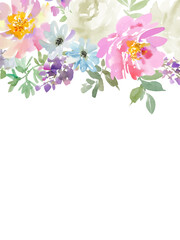 A vector frame illustration of abstract pink peonies , white roses and wild flowers painted in watercolor. hand painted floral background.