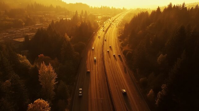 dawn transportation artery aerial view, forest-embedded highway, motion captured traffic flow, morning golden light, tree canopy borders, atmospheric morning haze, urban infrastructure through