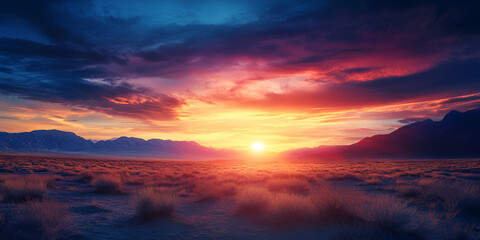 Fototapeta premium Colorful Sunrise Over a Vast Desert Landscape with Scenic Views