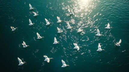 Obraz premium aerial water birds photography, white swans floating pattern, deep teal lake surface, rhythmic bird arrangement, graceful waterfowl formation, sparkles of sunlight reflections, elegant natural