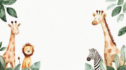 Safari Friends: A charming watercolor illustration featuring a lion, a giraffe, and a zebra peeking playfully from behind green leaves. The blank space provides room for personalized messages.