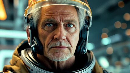 A close-up portrait of a determined senior astronaut in a futuristic helmet.