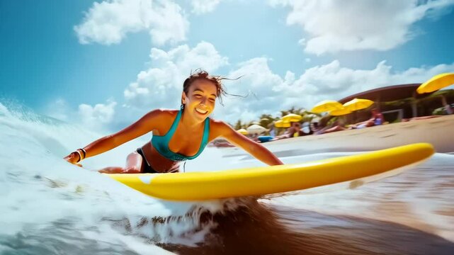 Vibrant surfing adventure with smiling woman riding waves at tropical beach