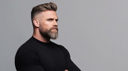 Obraz premium Confident Man with Stylish Beard and Short Hair Posing Against a Neutral Background in Modern Attire