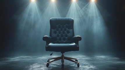 A solitary executive chair illuminated by dramatic lighting in a moody, atmospheric setting