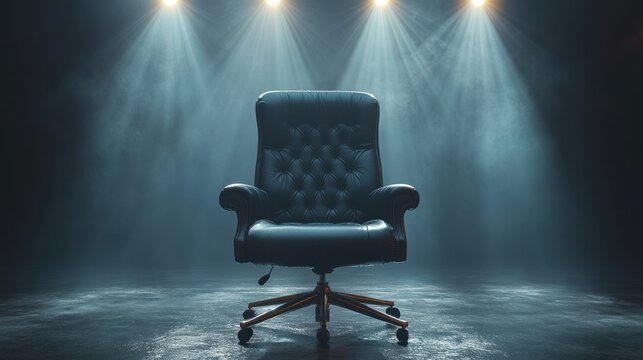 A solitary executive chair illuminated by dramatic lighting in a moody, atmospheric setting