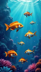 Fototapeta premium School of abstract fish swimming in wavy ocean waters, abstract fish icon collection, marine animals, ocean