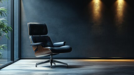 Fototapeta premium Modern black swivel chair in a stylish, minimalistic room with soft lighting and greenery