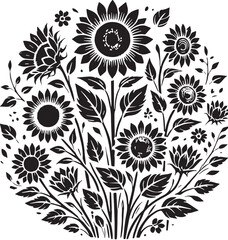 Black Color Sunflowers Silhouette Vector Illustration, Solid White Background. minimal vector design