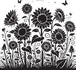 Black Color Sunflowers Silhouette Vector Illustration, Solid White Background. minimal vector design