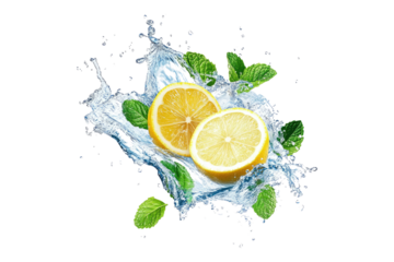 Fresh lemon slices with mint leaves in water splash isolated on white or transparent PNG