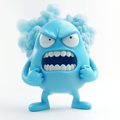 Fototapeta premium cartoon monster, light blue, angry expression, big mouth, sharp teeth, furry hair, bulging eyes, small arms, toy figurine, cute, comical, 3D render, smooth texture, vibrant colors, white background, m