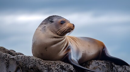 Obraz premium A seal is laying peacefully on a rock with a bright blue sky behind it