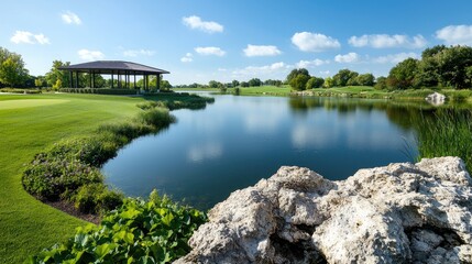 Obraz premium Serene golf course pond, pavilion, sunny day. Relaxing landscape for travel brochures