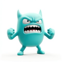 Fototapeta premium Cute angry monster, turquoise blue creature, cartoonish character, big mouth with sharp teeth, expressive eyebrows, small horns, round body, stubby arms and legs, white background, 3D render, playful 