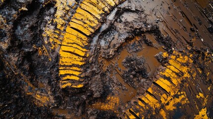 birds eye construction photography, bold yellow machinery highlight, radial tire track designs, deep brown soil canvas, industrial vehicle positioning, environmental impact documentation, organic