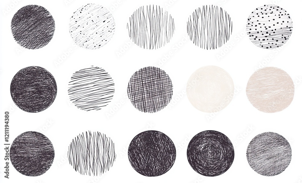 Aufkleber hand-drawn textured circles; monochrome, sketch style patterns.