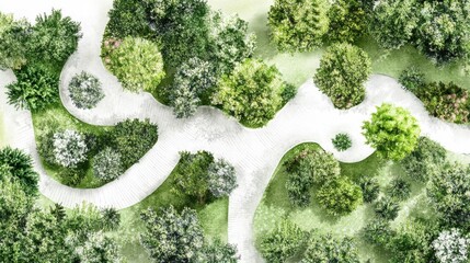 landscape architecture planning symbols, delicate watercolor tree renderings, diverse bush representations, natural green color palette, professional garden mapping elements, organic foliage