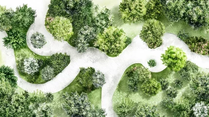 Gardinen landscape architecture planning symbols, delicate watercolor tree renderings, diverse bush representations, natural green color palette, professional garden mapping elements, organic foliage © Chaikit