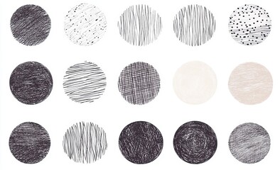 Hand-drawn textured circles; monochrome, sketch style patterns.