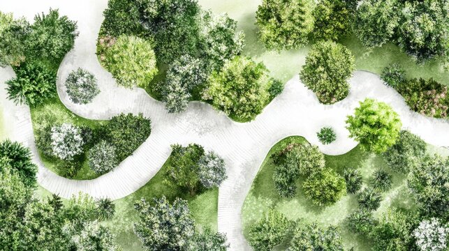 landscape architecture planning symbols, delicate watercolor tree renderings, diverse bush representations, natural green color palette, professional garden mapping elements, organic foliage