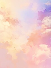 Fototapeta premium Pastel-colored abstract cloud background in dreamy, ethereal watercolor style, featuring soft hues of pink, blue, and purple for a serene