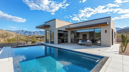 Fototapeta premium Modern home with a sleek pool deck, large glass doors, and a panoramic mountain view